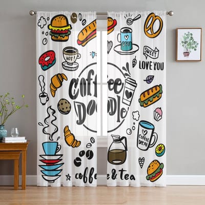 Schattige Doodle Koffiehuis Koffie Thee Transparant Gordijn Voor Slaapkamer Woonkamer Keuken Raam Voile Tule Gordijn 135W x 114H(cm) white
