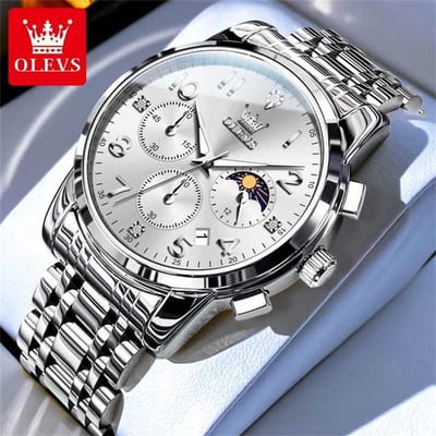 HO-3628.z : Olevs zilverkl edelstaal horloge, zilverwitte wijzerplaat, zilverkl cijfers, uren & minuten & maanfase -aanduiding, dagkalender