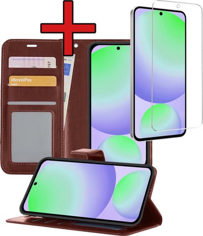 Hoesje - Met Screenprotector - Geschikt voor Samsung Galaxy S24 FE - Luxe Pasjeshouder - Flipcase - Bookcase Portemonee - Flip Case - Kunstleer Book Case - Book Cover - Walletcase - Portemonneehoes - Telefoonhoes - Bruin