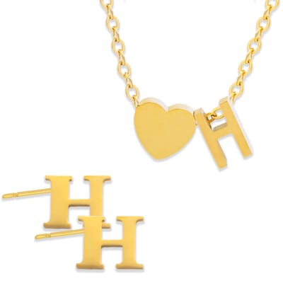 Initiaal Ketting & Oorbellen set met Letter H Goudkleurig - Stainless Steel - Met letter & Hartje! - 2x Sieraden Cadeau - Pax Amare