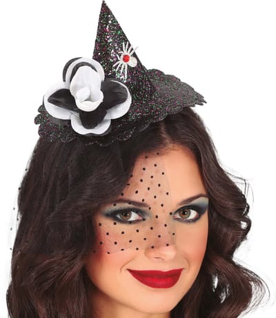 Halloween heksenhoed - mini hoedje op diadeem met sluier - one size - zwart glitter - meisjes/dames