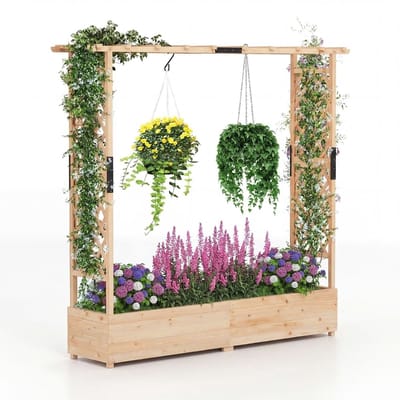 Plantenbak met klimrek - Bloembak - Weerbestendig - Met trellis - Buiten - Hout - Plantenrek - Naturel