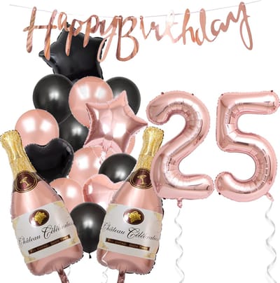25 Jaar Verjaardag Cijferballon 25 - Feestpakket Snoes Ballonnen Pop The Bottles - Rose Zwart Versiering