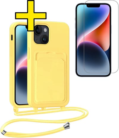 Hoesje Geschikt voor iPhone 13 Telefoonhoesje Met Koord Case Pashouder Met Screenprotector Siliconen - Hoes Geschikt voor iPhone 13 Hoesje Met Kaarthouder - Geel