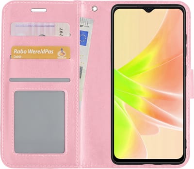 Hoesje - Met Pasjeshouder - Geschikt voor OPPO A17 - Luxe Bookcase Portemonee - Flip Case - Kunstleer Book Case - Flipcase - Book Cover - Walletcase - Portemonneehoes - Lichtroze