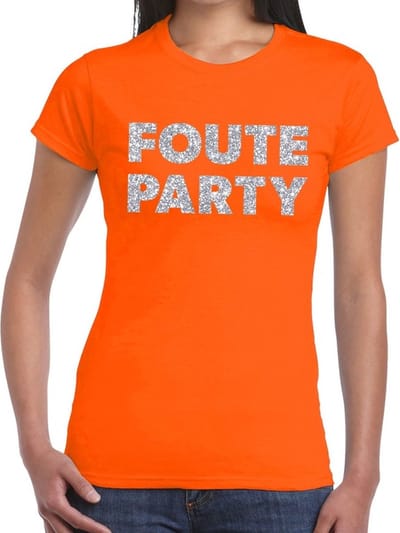 Foute Party verkleed t-shirt - zilveren glitter tekst - oranje - voor dames - Party kleding XS