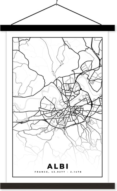 Posterhanger incl. Poster 40x60 cm - Schoolplaat - Stadskaart - Frankrijk - Kaart - Plattegrond - Albi - Zwart wit - Textielposter - Zwarte latten - Stadskaart