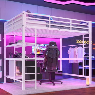 BLACKCOLORS Hoogslaper, 140*200 cm, met ledverlichting, bureau, stopcontact + USB, 3 lades, planken, leuning, trap, zonder matras, wit