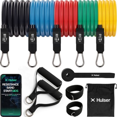 Hulser TPE Tubes Weerstandsbanden set 120 cm - 12-delig - 4 tot 23 kg - Resistance band met handvatten, ankle strap, deuranker en digitale startgids - Met fitness oefeningengids - enkelband - Stretch elastiek - Bands - Power band weerstandselastiek