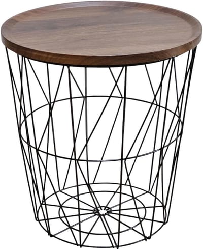 Ronde bijzettafel met metalen mand en houten blad