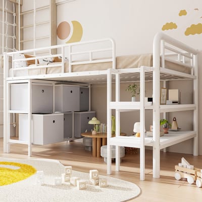 Intebiki - hoogslaper 90 x 200 - kinderbed - met opbergruimte - met lades en planken - inclusief zes grote opberglades - metalen - matras niet inbegrepen - wit