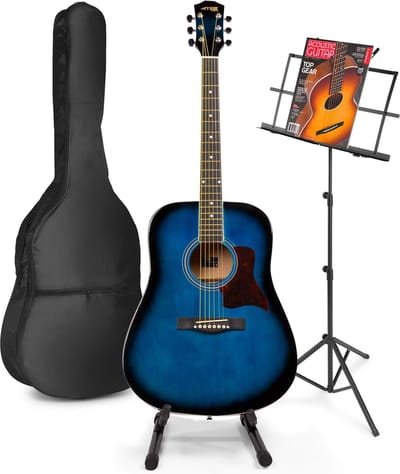 Akoestische gitaar voor beginners - MAX SoloJam Western gitaar 4/4 - Incl. gitaar standaard, muziekstandaard, gitaar stemapparaat, gitaartas en 2x plectrum - Blauw