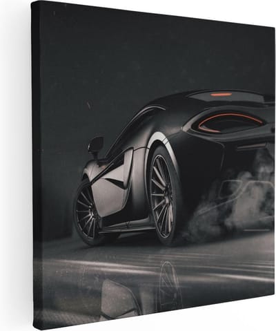 Artaza Canvas Schilderij Auto - 80x80 cm - Wanddecoratie Sportauto - Muurdecoratie Mancave - Schilderij Skyline - Zwart