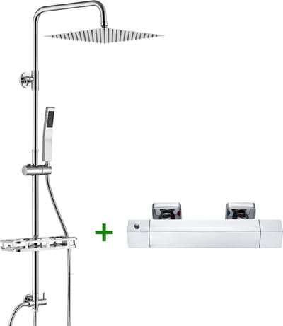 Auralum Max Regendouche met Thermostaatkraan - 12 inch XL Douchekop - Inclusief Plankje - Doucheset Zwart - Regendouche en Handdouche - Verstelbare Hoogte 72-110 cm - Waterbesparend - Chroom