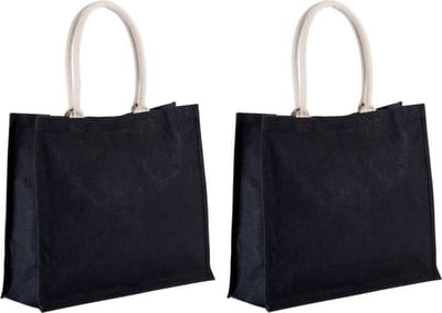 Jute boodschappen strandtas - 2x stuks - zwart - 42 x 36 cm - Strandartikelen beach bags/shoppers - 22 liter