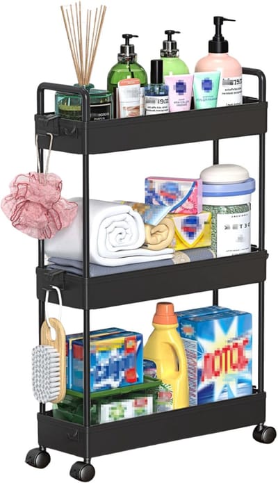 HEZIVO® Badkamer Trolley - Keukentrolley op Wieltjes - Mobiel Opslagrek - 3-Laags - Zwart
