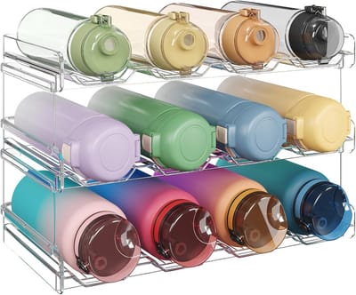 Famanu – Waterfles organizer 3 niveaus – Stapelbaar kunststof flessenrek voor kast, vriezer en pantry – Capaciteit 12 flessen