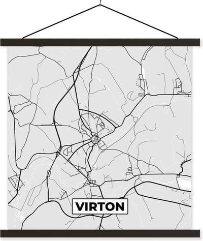 Posterhanger incl. Poster 60x60 cm - Schoolplaat - Zwart Wit – België – Plattegrond – Stadskaart – Kaart – Virton - Textielposter - Zwarte latten - Stadskaart