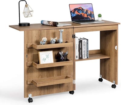 Vouwbare naaitafel, Bureau- naaikarretje met vergrendelbare wielen en opbergrekken, vouwbare naaitafel voor appartement, kleine ruimtes, 117 x 78 x 40 cm (Houtkleur)