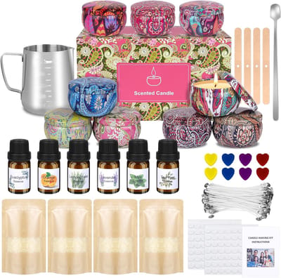 Kaars maken kit, soja wax kaars maken kits voor volwassenen beginners, maak je eigen kaarsen, 6Pack soja was, 6 geuroliën, 8 kleurstof blokken 9 blikken, wax melt pot, 100 kaars lonten, 100 kaars