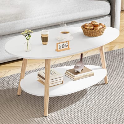 Ronde Salontafel - Houten Tafel - Woonkamer Meubel - Glad Tafelblad - 90x50x44 cm - Wit