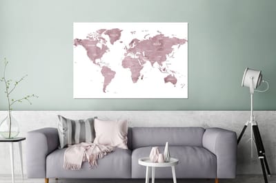 Aluminium schilderij 120x80 cm - Wanddecoratie metaal - Wereldkaart - Paars - Wit - Metalen muurdecoratie woonkamer - Decoratie industrieel - Foto op dibond - Industriële accessoires slaapkamer