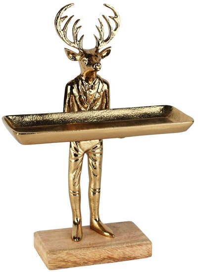 Dekoratief | Deco hert m/dienblad, goud, aluminium/hout, 25x10x35cm | A258132