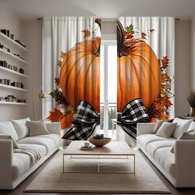 2 stuks HD Herfst strik pompoen decoratief gordijn Geel lint digitaal bedrukt gordijn Woondecoratie stijl Decoratie woonkamer Slaapkamer W52H63inchW132H160cm orange