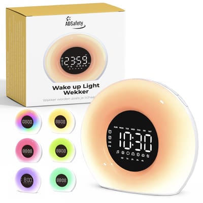 ADSafety Wake Up Light - Digitale Wekker - Dimbare Lichtwekker - Zonsopgang Simulatie - 20 Helderheid niveaus - 25 White Noise geluiden - Snooze - Nachtlampje