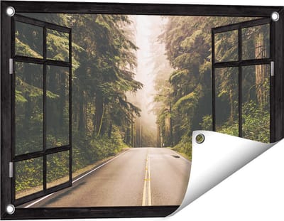 Gards Tuinposter Doorkijk Highway in Californië Omring met Bos - 60x40 cm - Tuindoek - Tuindecoratie - Wanddecoratie buiten - Tuinschilderij