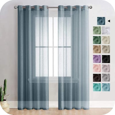 PolkaHome Transparant voilegordijn, 245 cm lang, 2 panelen, linnenlook, met zeilringen, voor slaapkamer, woonkamer, terrasdeur, 140 x 245 cm, marineblauw