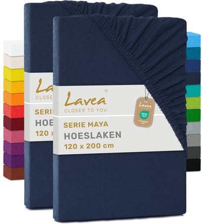 Lavea® Set van 2 Hoeslakens 120x200 cm – 100% Zacht en Ademend Katoen – voor Dikke Matrassen tot 20 cm – Jersey met Elastiek rondom – Galaxieblauw