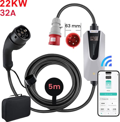 JUNSUN Draagbare 22kW 32A 3-Fase EV Laadkabel - Type 2 Laadpaal met App/WiFi Bediening, 5M Kabel + LCD Scherm & Opbergtas - 6A/8A/10A/13A/16A Schakelbaar - IEC62196-2 & IP65