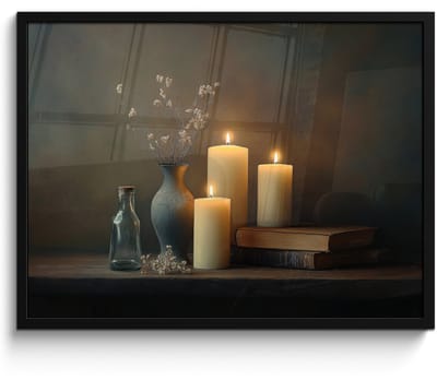 Poster in lijst - Fotolijst 70x50 cm - Posters - Kaarsen - Stilleven - Rustiek - Boeken - Posterlijst zwart - Decoratie - Wanddecoratie woonkamer - Muurdecoratie slaapkamer