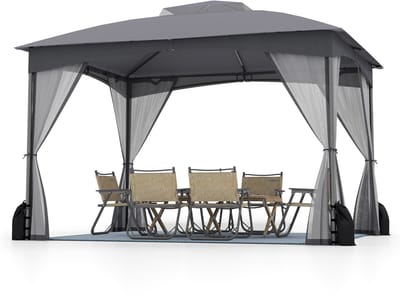 COSTWAY Paviljoen 3 x 3,6 m, tuinpaviljoen met 4 zandzakken en 4 klamboe & dubbel dak, waterdicht & stabiel & winterbestendig, tuintent incl. haken, partytent voor terras tuin (grijs)