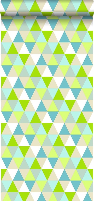 ESTAhome behang driehoekjes limegroen, turquoise en beige - 53 cm x 10.05 m - 138713