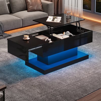 BLACKCOLORS Hoogglans lifttafel LED salontafels Koffietafel 100x50x45 cm met ledverlichting – Halfverstelbaar tafelblad en zijdelings verschuifbaar ontwerp, hydraulische lift en opbergruimte