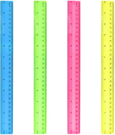 Set van 4 transparante kleur linialen 30 cm – cm & inch – kleurrijk, lichtgewicht
