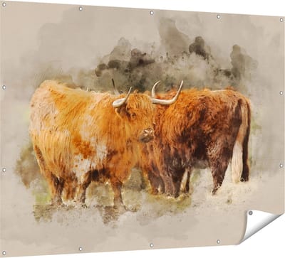 Gards Tuinposter Twee Schotse Hooglander Koeien - Abstract - 160x120 cm - Tuindoek - Tuindecoratie - Wanddecoratie buiten - Tuinschilderij