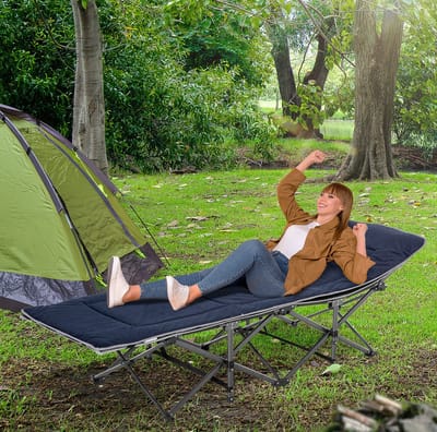 Campingbed - Opvouwbaar Veldbed Met Hoofdkussen, Zijtas En Matras - Voor Kamperen, Reizen En Logees - Staal En Polyester - Donkerblauw