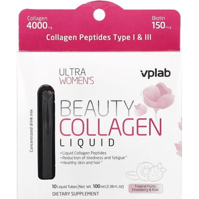 Vplab, Ultra Vrouwen Schoonheid Collageen Vloeibaar, Tropisch Fruit, Aardbei & Kiwi, 4.000 mg, 10 Vloeibare Ampullen, 3,38 fl oz (100 ml) red
