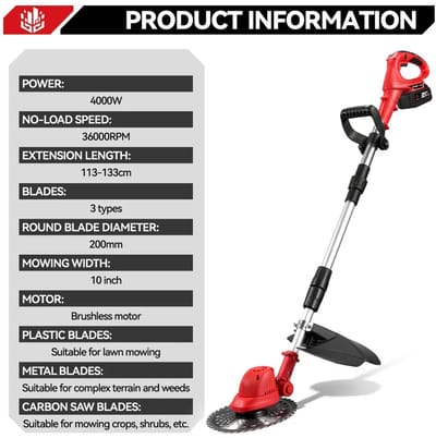 Cventrix Borstelloze elektrische grasmaaier, Grasmaaier, Electrische grasmaaier, 10 inch, Grastrimmer, 4000W, Inclusief Accu en oplader.