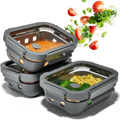 Famanu - Meal prep bakjes set 3x640ml – borosilicaatglas, lekvrij, stapelbaar, magnetron met stoomventiel, siliconen anti-schok, glazen vershoudbakjes