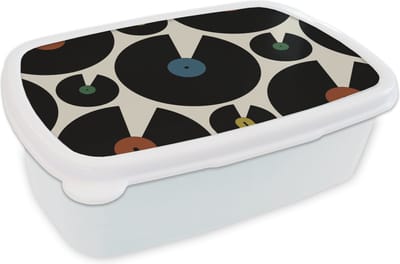 Broodtrommel Wit - Lunchbox - Brooddoos - Muziek - Platen - Patronen - 18x12x6 cm - Volwassenen