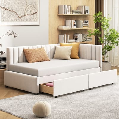 STILVORA Gestoffeerd bed 90x200cm – Eenpersoonsbed met 2 Lades – Omkeerbaar Hoofdeinde & Lattenbodem Voor Slaapkamer – Stof – Beige – Zonder matras