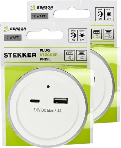 Benson LED nachtlampje - 2x - draadloos - met USB A en C - warm wit