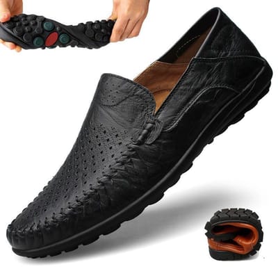 Echte leren mocassins voor heren, zachte onderkant, zomer, ademend, holle loafers, Britse zakelijke casual leren schoenen, handgestikt 44 zwart