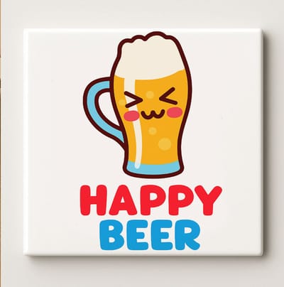 “Happy Beer” Schattige Biermok Tegel – Leuke Cartoon Keramische Tegel 15×15 cm voor Bar, Keuken & Huisdecoratie