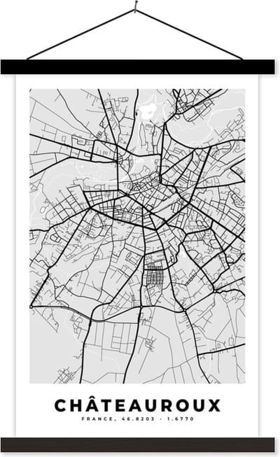 Posterhanger incl. Poster 40x60 cm - Schoolplaat - Kaart - Frankrijk - Stadskaart - Plattegrond - Châteauroux - Textielposter - Zwarte latten - Stadskaart