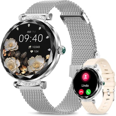 Synyq Diamond Smartwatch Dames Zilver - 39mm - AMOLED Scherm - 2 Bandjes - Horloge met Belfunctie - Bloeddrukmeter - Stappenteller - Dames Horloge -Android en iOS